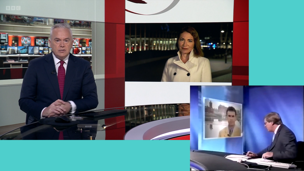 A comparison of the new BBC News Studio B desk shot, with a live shot of the BBC's Katya Adler behind Huw Edwards to the right, and a similar shot from the 1993-1999 set with Edward Stourton talking to a correspondent in a similar way.