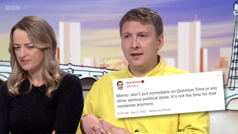 A composited image of Joe Lycett, on the set of Sunday with Laura Kuenssberg, with a yellow shirt and yellow painted nails, mid speaking, with Laura Kuenssberg inserted on top, with a freeze frame that makes her look disdainful, with her eyes aimed towards a superimposed tweet by Rob Burley, which reads "Memo: don't put comedians on Question Time or any other serious political show. It's not the time for that nonsense anymore."