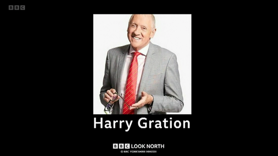 The BBC Look North Yorkshire ending slate, with a large picture of Harry Gration smiling for a publicity shot. There is a large name caption underneath, a plain black background, and a BBC Look North copyright caption