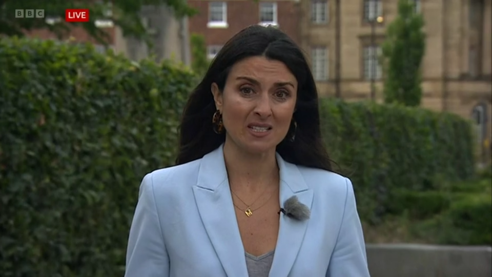 Amy Garcia, live from Wakefield, announcing the news of Harry Gration's death at the end of the programme. She is very emotional as the camera zooms in.